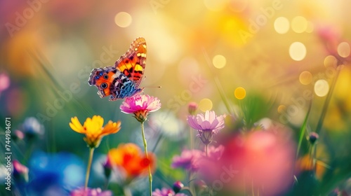 Blurred wildflowers create a painterly background, showcasing the butterfly's delicate beauty ,
