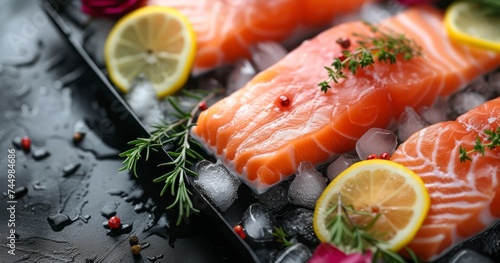 Succulent Salmon Fillets on Ice, Adorned with Lemon and Rose Petals