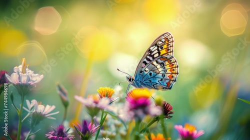Blurred wildflowers create a painterly background  showcasing the butterfly s delicate beauty  