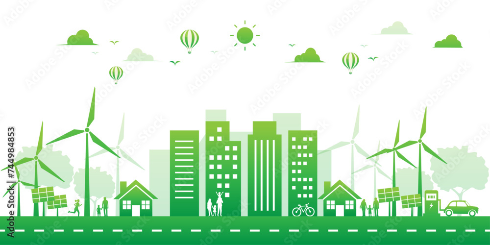 green city ecology environment and renewable energy on white background. lanscape sustainable building solar panel and wind turbine. save the world with eco-friendly. vector illustration flat.