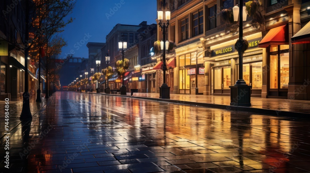 contemplative rain sky backdrop, accentuated by the warm and inviting light of storefronts, portraying the quiet beauty of a wet city evening