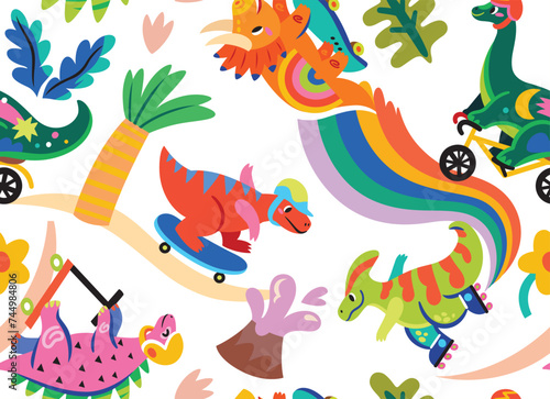 Seamless pattern. Colourful cartoon dinosaurs ride on skates, rollers and bicycle in the park