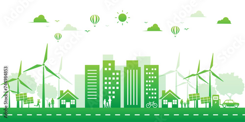 green city ecology environment and renewable energy on white background. lanscape sustainable building solar panel and wind turbine. save the world with eco-friendly. vector illustration flat.