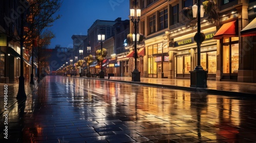 contemplative rain sky backdrop  accentuated by the warm and inviting light of storefronts  portraying the quiet beauty of a wet city evening