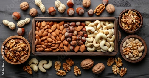 A Rich Medley of Nuts Elegantly Displayed on a Wooden Background