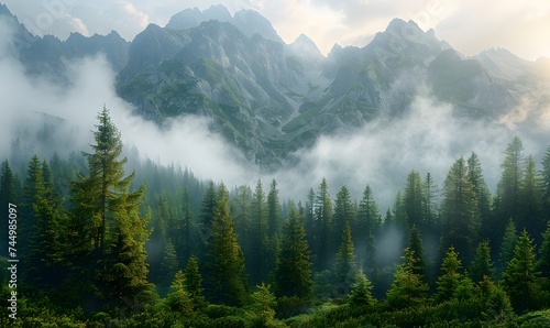 Beautiful nature landscape with mountains and pine tree, generated by AI © Sigit