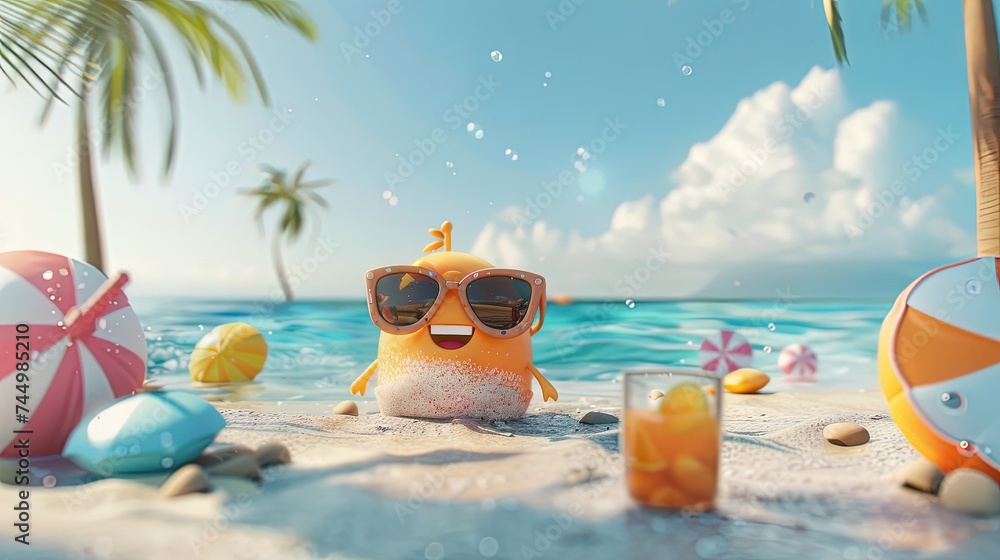 summer vacation concept on the beach in modern 3D animation style