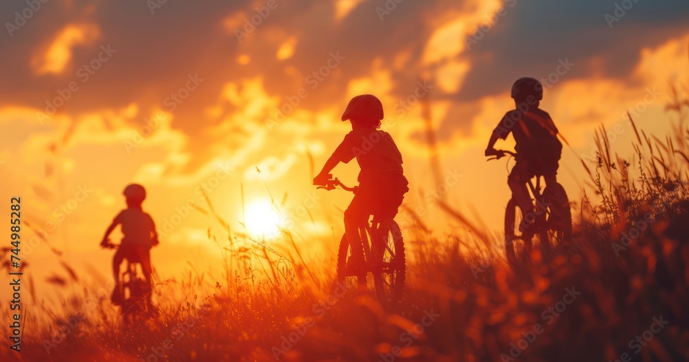 The Vibrant Backdrop of the Setting Sun Behind Active Asian Kids on Bikes