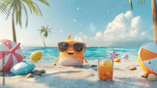 summer vacation concept on the beach in modern 3D animation style photo