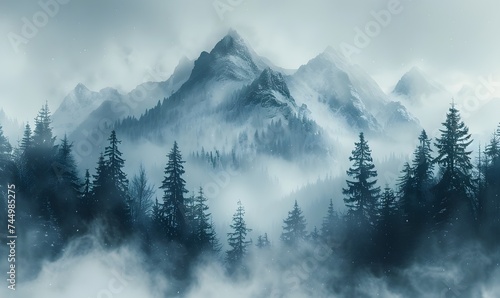 Beautiful nature landscape with mountains and pine tree, in winter, generated by AI