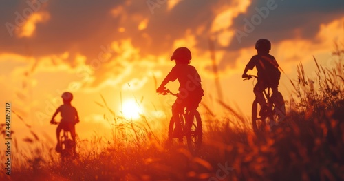 The Vibrant Backdrop of the Setting Sun Behind Active Asian Kids on Bikes