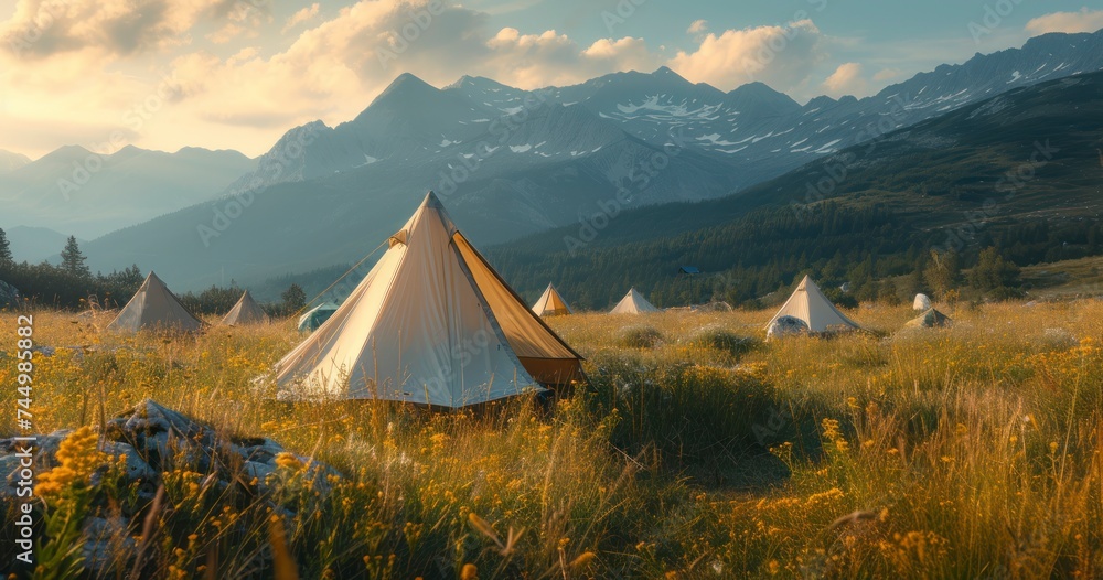 A Tourist Camp Set Amongst Majestic Peaks with a Tent Framed in the Foreground A Tourist Camp Set Amongst Majestic Peaks with a Tent Framed in the Foreground