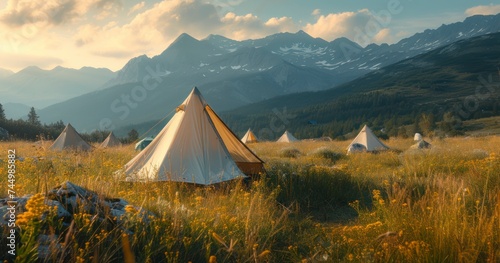 A Tourist Camp Set Amongst Majestic Peaks with a Tent Framed in the Foreground
