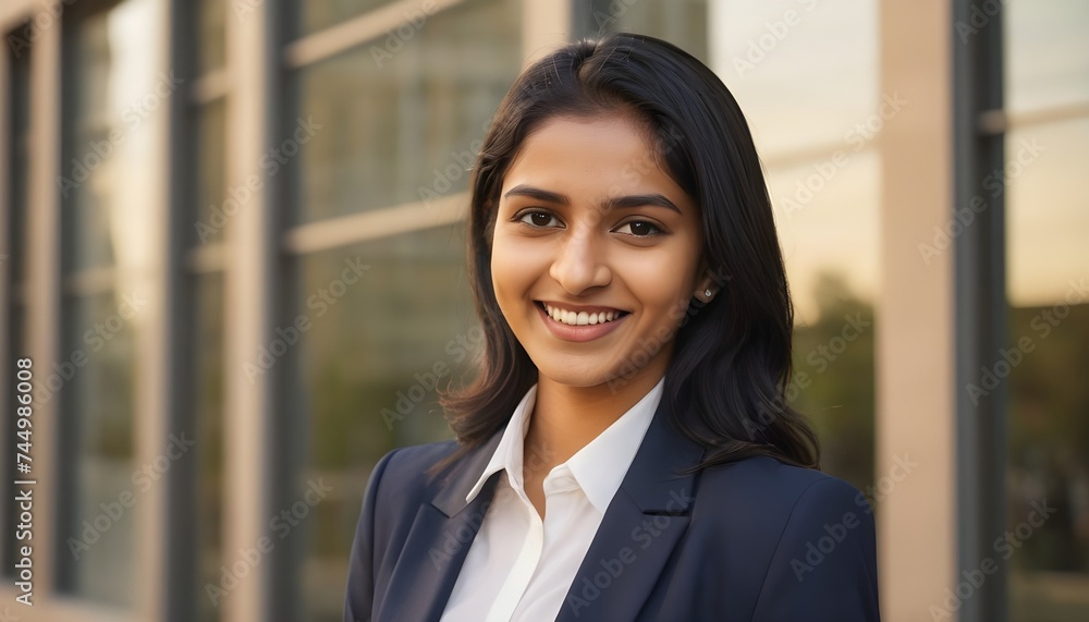 25 year old Indian woman with black hair wearing a navy blue suit and tie smiling with blur background of a building with glass windows 25 year old Indian woman with black hair wearing a navy blue suit and tie smiling with blur background of a building with glass windows