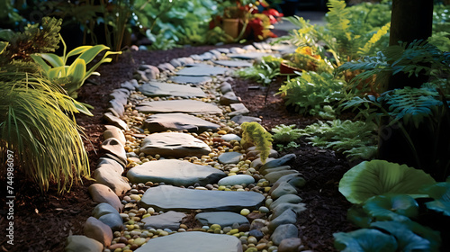 Present a scene of stones creating a natural border along a garden path.