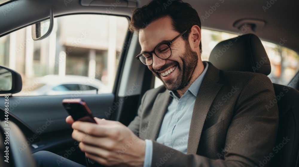 A Happy Smiling Man Uses A Smartphone, Watches Video Jokes, Types A Message, Talks via Video Chat While Sitting in The Car. Modern Technologies, New Applications of the concept.