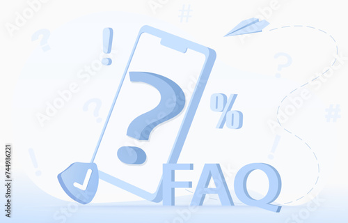 FAQ Frequently asked questions concept. Question mark, exclamation point on digital device. Confused, question, answer, survey, problem solving, analysis data, give opinions. Flat vector illustration.