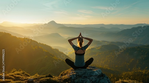 starting your day with a yoga session as the sun rises over a mountain range. The air is crisp, and the only sounds are the chirping of birds and the rustling of leaves, photo