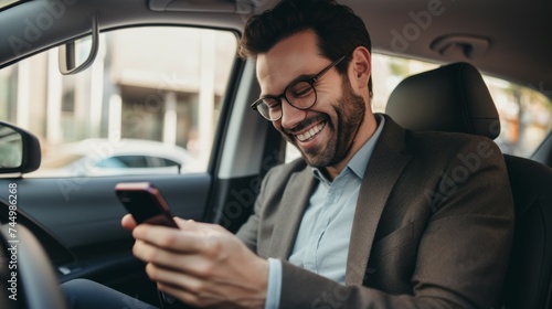 A Happy Smiling Man Uses A Smartphone, Watches Video Jokes, Types A Message, Talks via Video Chat While Sitting in The Car. Modern Technologies, New Applications of the concept. © liliyabatyrova