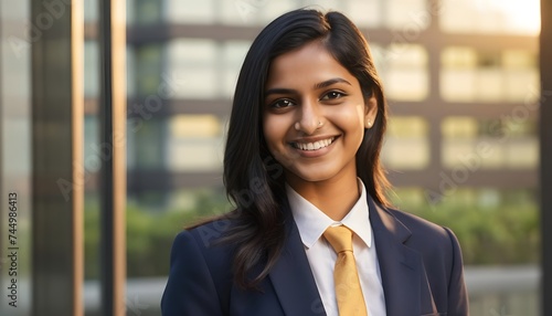 25 year old Indian woman with black hair wearing a navy blue suit and tie smiling with blur background of a building with glass windows