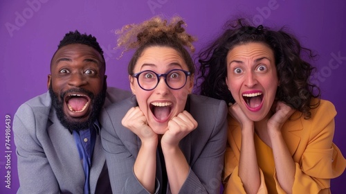 Three business people in a creative office space with a purple background. They are all looking at the camera with excited expressions