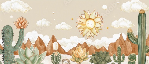 Desert Dreamscape, Cactus with Areoles, Holographic Crystals, and Golden Sun Amidst Mountains and Clouds. photo