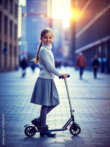 A girl rides a scooter around the city. An eco-friendly way to travel. A sports hobby.