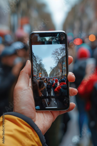 Hand holding smartphone capturing crowd on city street.