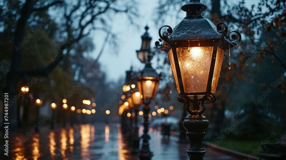 contemplative rain sky scene with ample copy space, captivated by the soft and muted tones of street lanterns, evoking a peaceful and intimate atmosphere