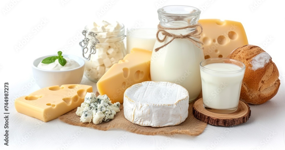 A Carefully Selected Range of Dairy Items Showcased Against a Pure White Background A Carefully Selected Range of Dairy Items Showcased Against a Pure White Background