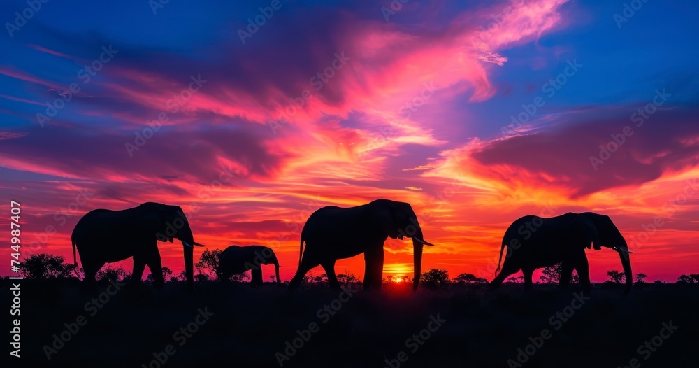 The Stunning Silhouette of Elephants Under a Vivid Sunset Sky