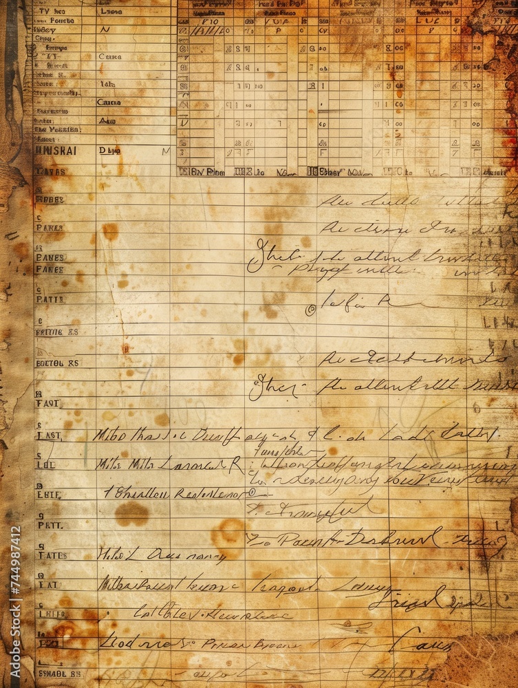 Antique Ledger Texture, Weathered with Faded Writing and Tabulations, Evoking Vintage Charm for Junk Journal Backgrounds