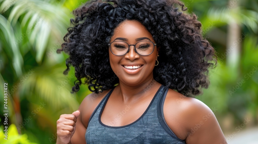 Radiant woman with curly hair smiling in a tropical setting. Radiant woman with curly hair smiling in a tropical setting.