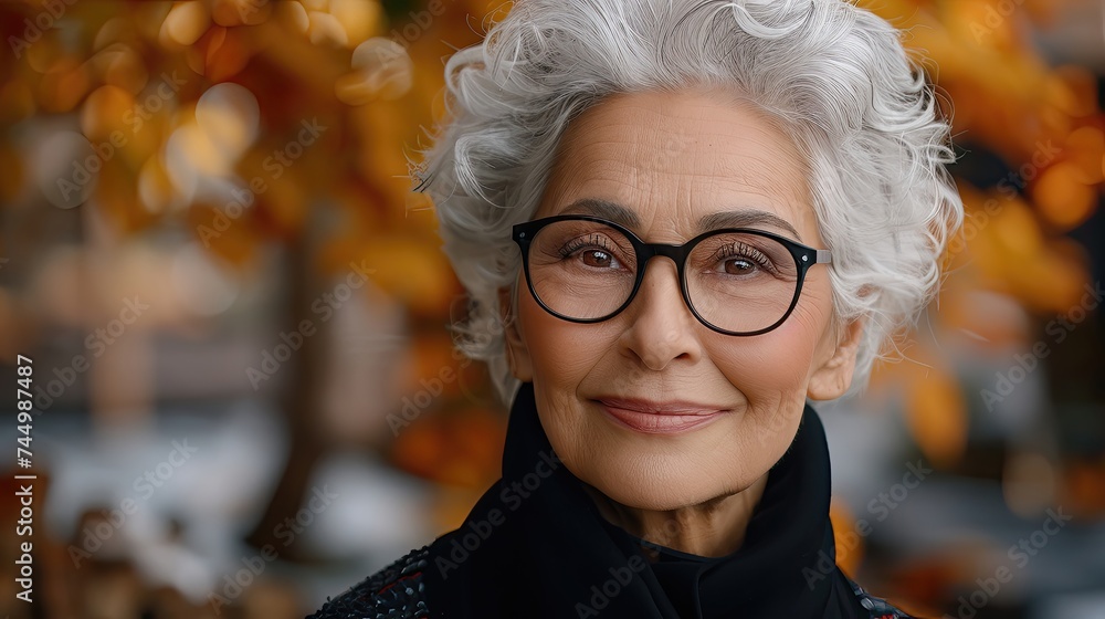 Elegant senior woman with glasses and white hair, autumn background. Elegant senior woman with glasses and white hair, autumn background.