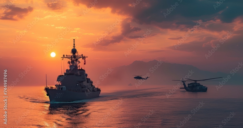 The Commanding Presence of a Special Forces Destroyer and Its Aerial Companion in a Majestic Maritime Setting