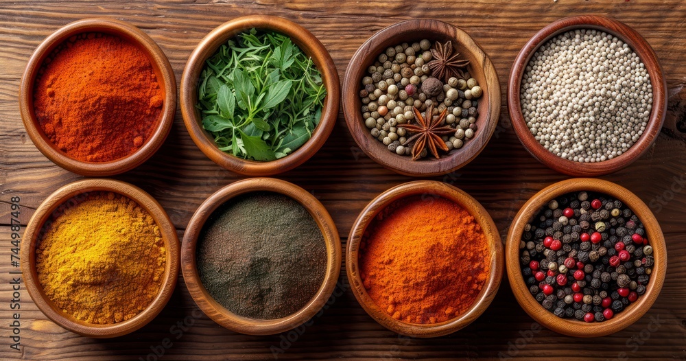 A Rich Assortment of Global Spices Presented in Bowls on a Textured Wooden Counter