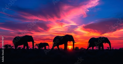 The Stunning Silhouette of Elephants Under a Vivid Sunset Sky © lander