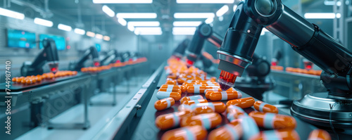 Automated pharmaceutical manufacturing facility with robots synthesizing custom medications based on genetic profiles photo
