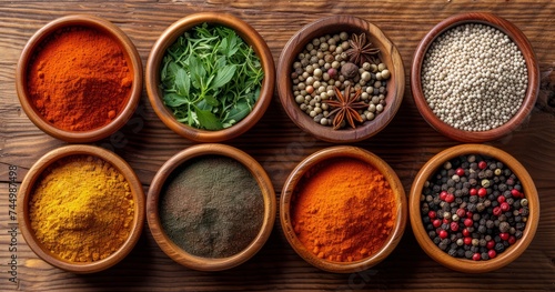 A Rich Assortment of Global Spices Presented in Bowls on a Textured Wooden Counter photo