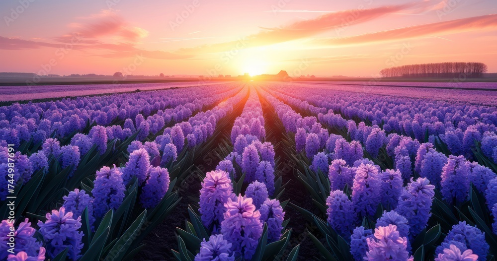 Obraz premium Breathtaking Fields of Hyacinths in Full Bloom Against the Canvas of a Fantastic Sunset