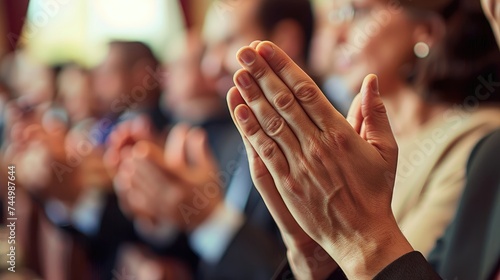 Close-up of hands clapping in applause at an event or presentation.