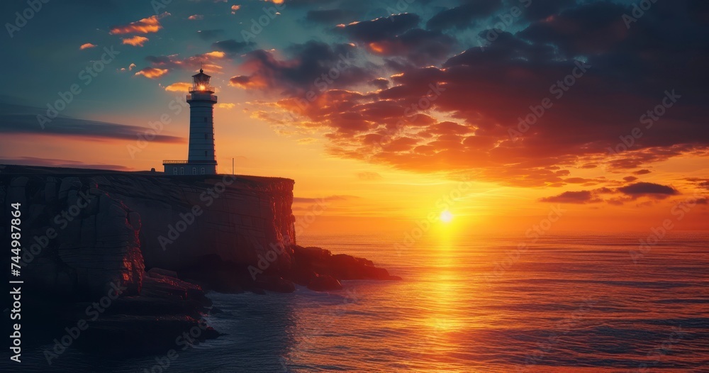 A Coastal Lighthouse Casts a Silhouette Over Rugged Cliffs as the Sun Bids Farewell