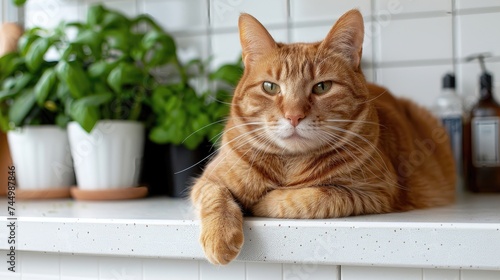 Ginger cat lounging on a kitchen countertop with plants. © AdriFerrer