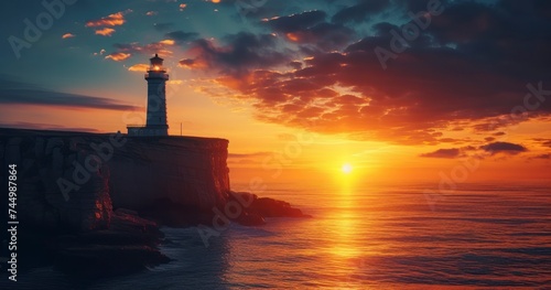 A Coastal Lighthouse Casts a Silhouette Over Rugged Cliffs as the Sun Bids Farewell