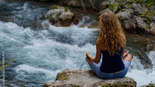 young women sitting on a rock by a flowing river, the sound of water rushing by as you meditate and find your inner peace