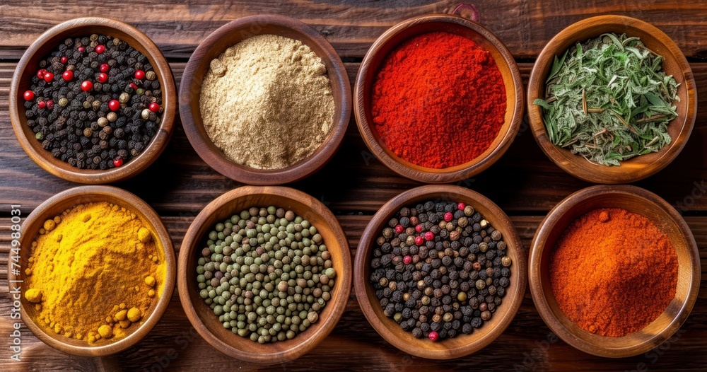 A Rich Array of Spices Organized in Bowls on a Natural Wooden Backdrop