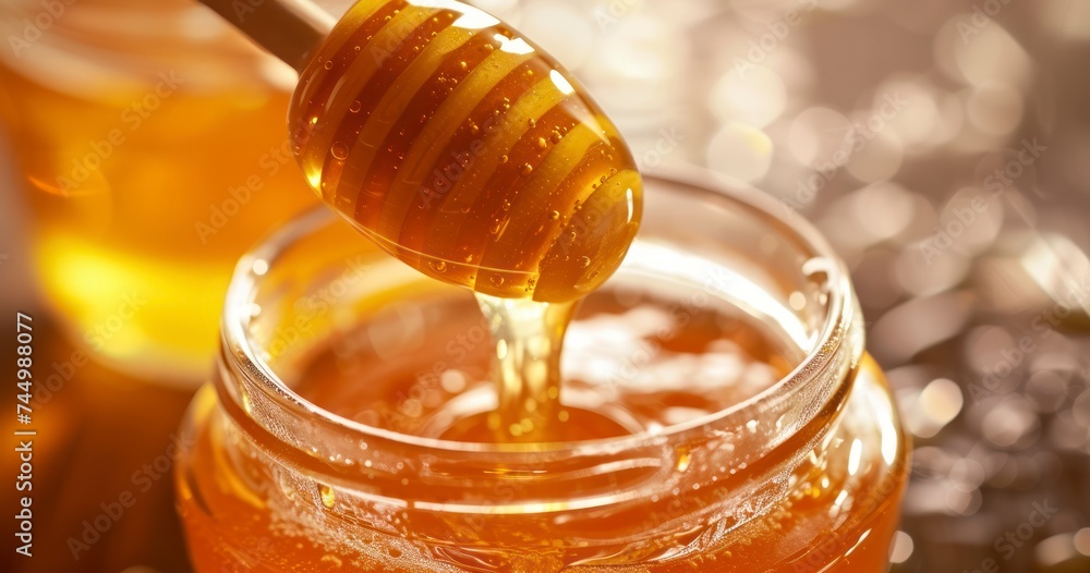 A Detailed Closeup of Pouring Fragrant, Aromatic Honey into a Jar - obrazy, fototapety, plakaty 