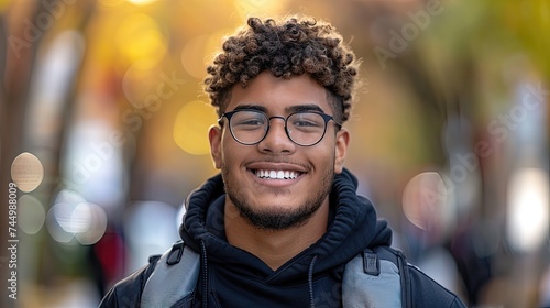 Smiling young man with glasses in urban setting.