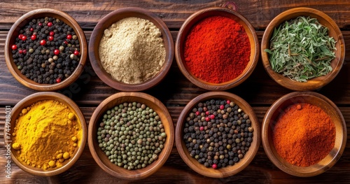A Rich Array of Spices Organized in Bowls on a Natural Wooden Backdrop © lander