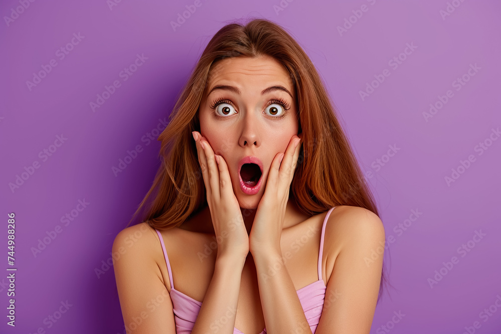 A surprised woman with a twisted mouth on a purple background A surprised woman with a twisted mouth on a purple background